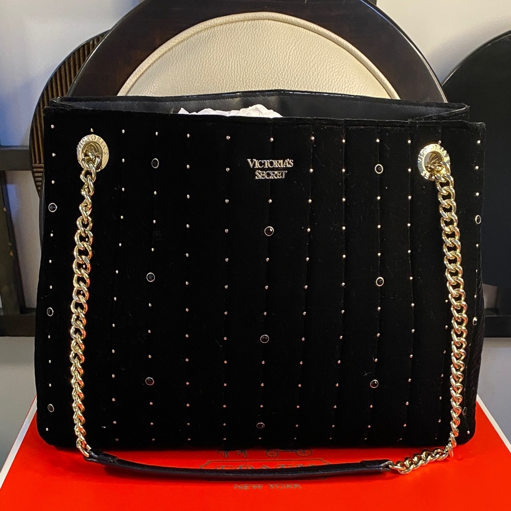 Victoria's Secret Black Velvet Shoulder Bag with Gold Chain Fairly used